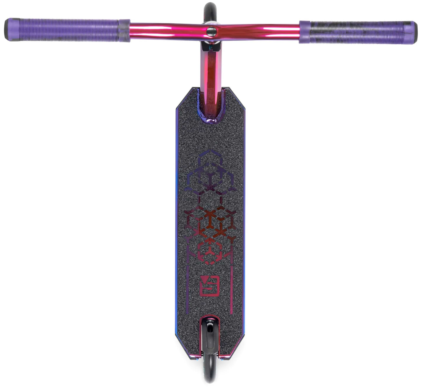 The Sullivan Antic V2 Complete Stunt Scooter - Aurora by Sullivan features a purple and black design, 110mm wheels, and a textured hexagonal deck—ideal for kids who love doing tricks.