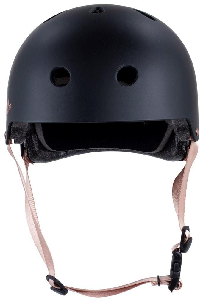 The Rio Roller Rose Skate/Scooter Helmet in black features ventilation holes and an adjustable beige chin strap. It has a smooth matte finish with an elegant touch of a subtle rose gold effect, reflecting the sleek design synonymous with Rio Roller.