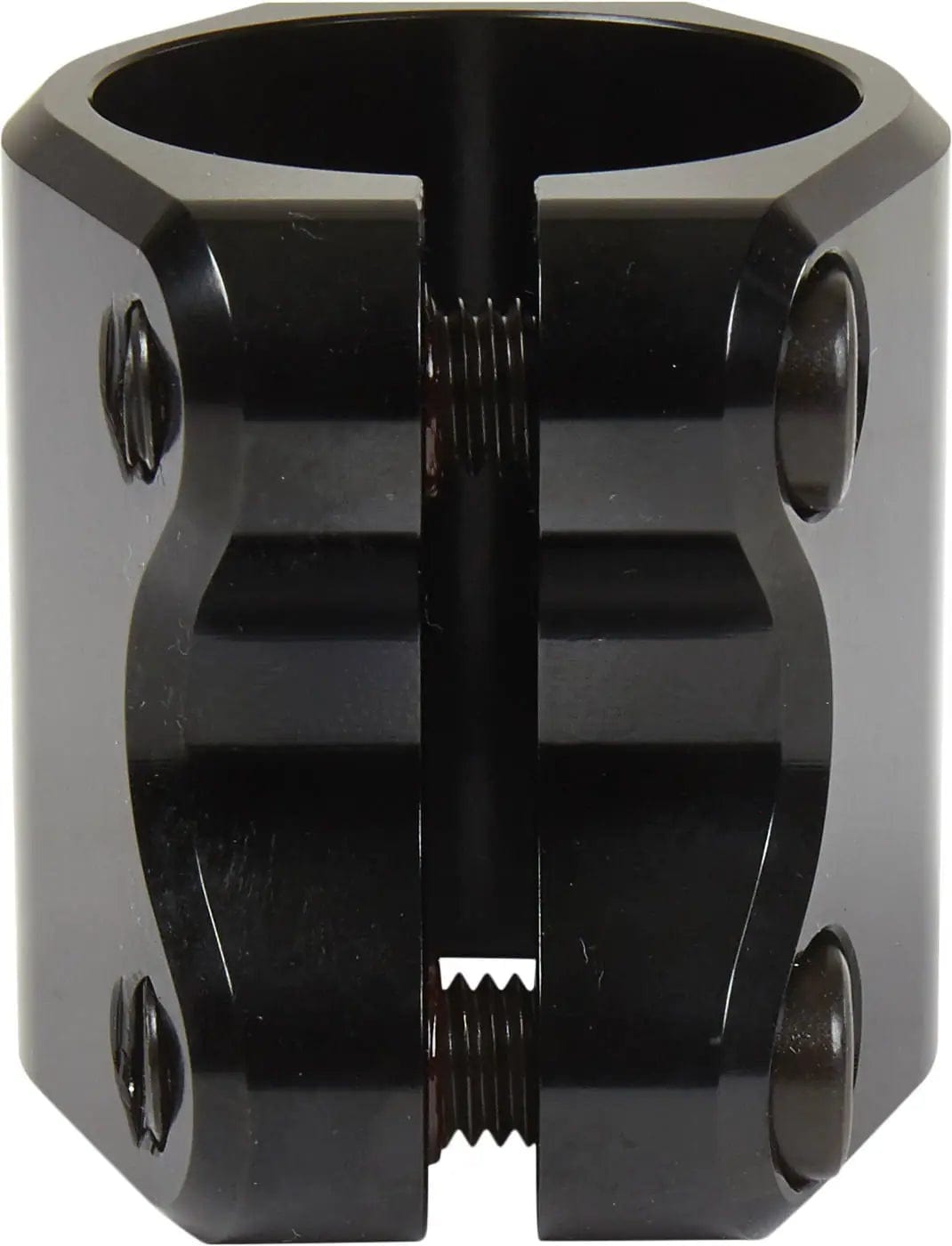 A close-up of the Tilt Classic 2 Bolt Oversized Double Stunt Scooter Clamp in black shows its shiny, cylindrical design with two bolts for securing oversized scooter bars. This clamp is from the Tilt brand.