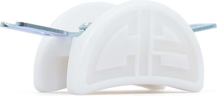 The Chicks In Bowls Roller Skate Slide Blocks - White by Chicks In Bowls are semi-circular plastic saddles with side metal brackets, similar to those used in roller skates for cable or conduit support in construction or electrical work.
