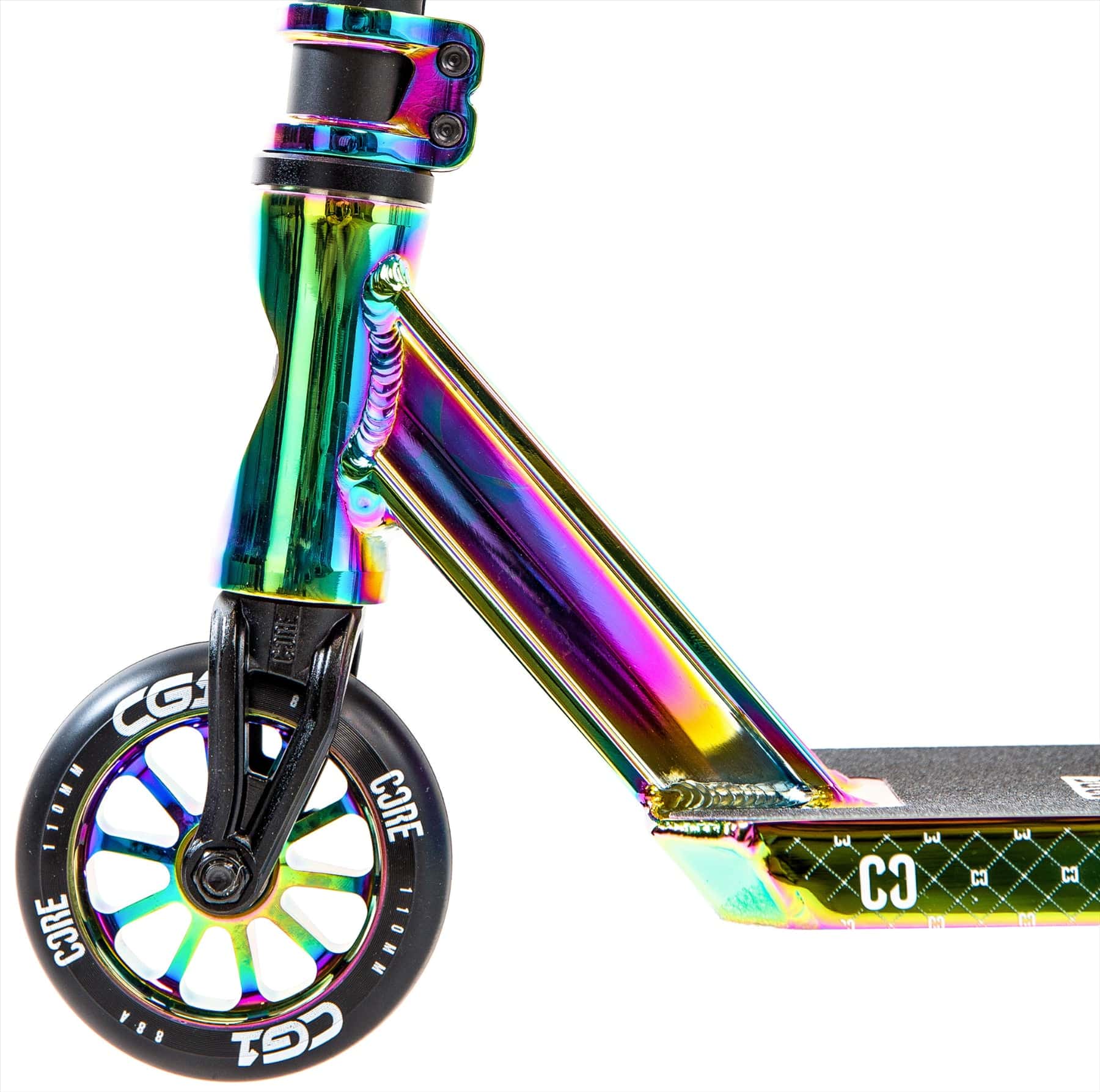 Close-up of the CORE CG1 Complete Stunt Scooter by CORE in Neochrome/Black, highlighting its rainbow-colored metal front, black "CORE" wheel, geometric deck patterns, and the CG1 logo.