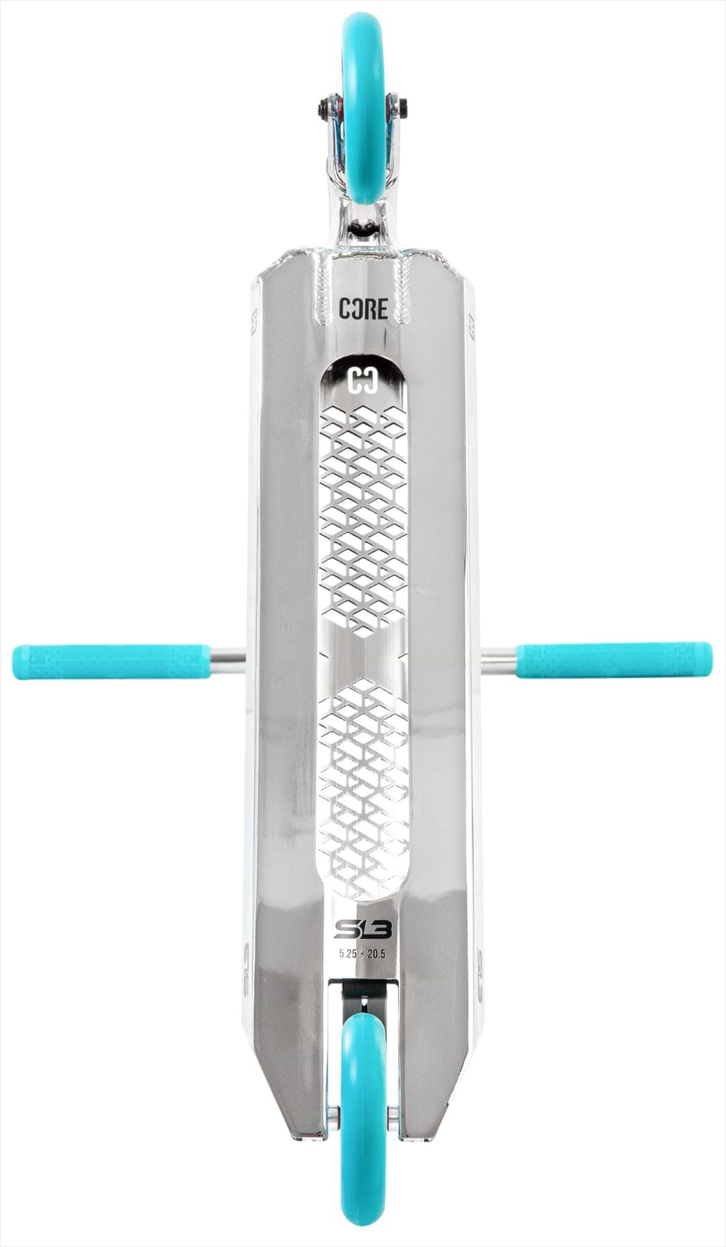 The CORE SL3 Complete Stunt Scooter - Chrome / Teal by CORE is shown from above, highlighting its metal deck with grip pattern, teal handlebar grips, and teal wheels on this lightweight scooter.