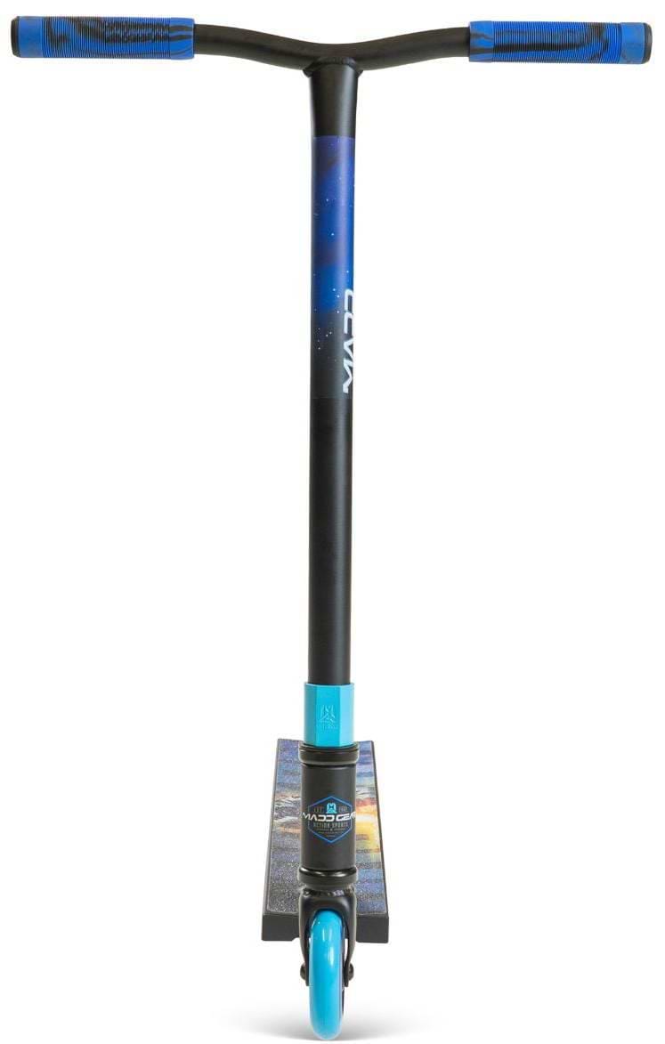 Front view of the Madd Gear MG 2 Obsidian Complete Stunt Scooter - Horizon by MGP, showing a T-shaped handlebar, blue grips, blue front wheel, and graphic deck design.