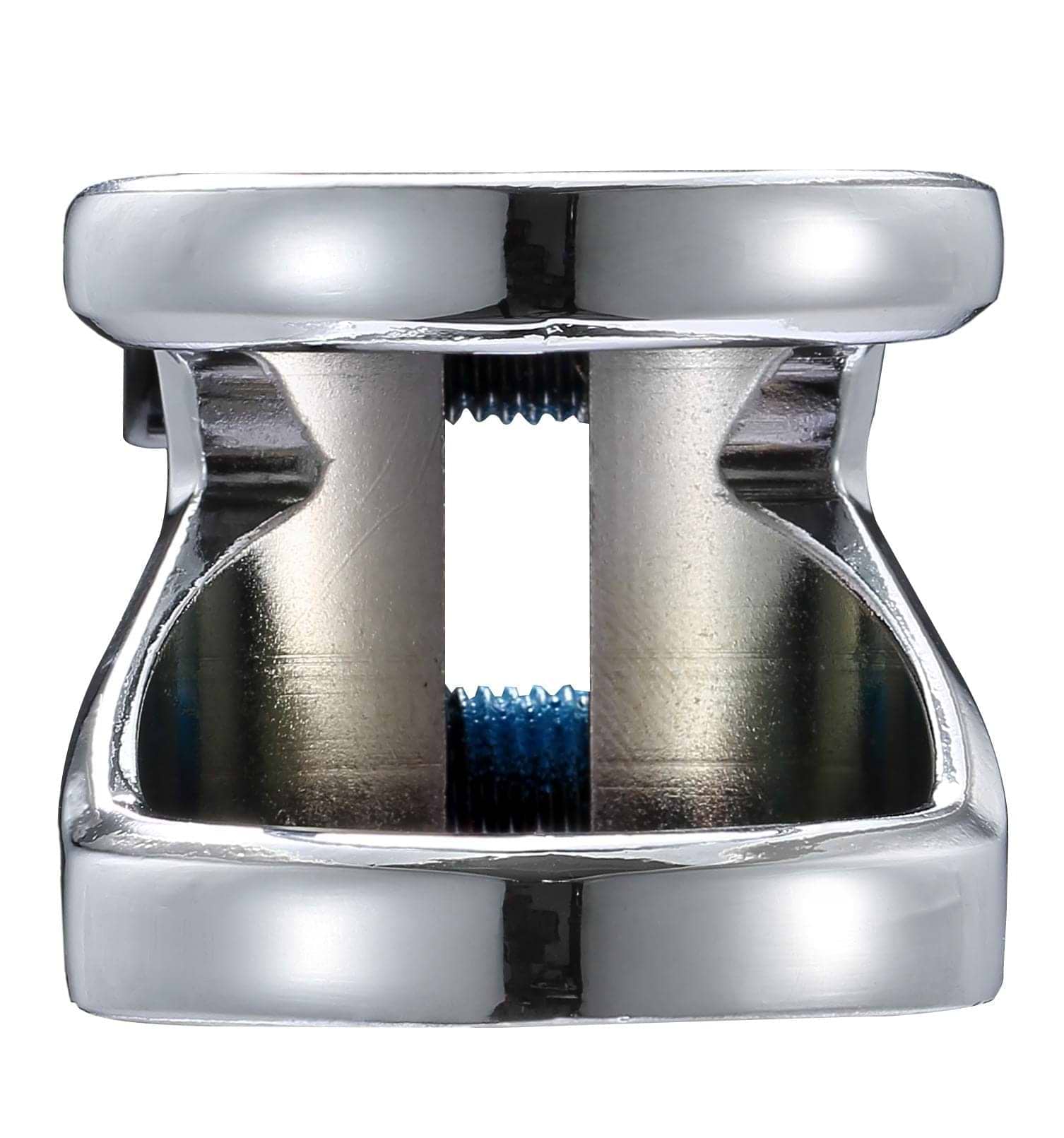 Close-up of a shiny, metallic object with a cylindrical shape, featuring a hollow central section and a threaded interior. The reflective surface suggests it's an aluminum scooter clamp with a two-bolt design, identified as the Blunt Envy Z 2 Bolt Oversized Stunt Scooter Clamp in chrome for machinery or industrial applications.