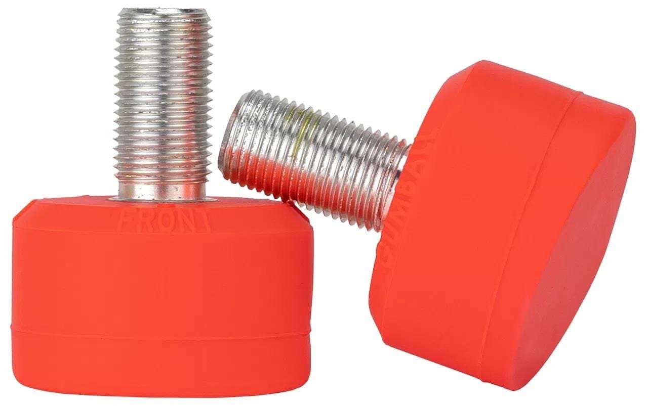 Two Gumball Roller Skate Long 30mm 83A Toe Stops in Watermelon Red with metal threaded bases; one upright, one on its side. Perfect for inline skates, they offer excellent stopping power due to a superior rubber blend construction.