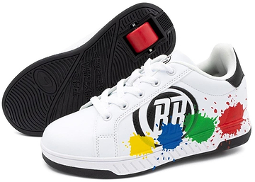The Breezy Rollers Splash Shoes in white/black/multicoloured feature the Breezy Rollers brand, a circular "RR" logo, colorful paint splatters, and a patented retractable wheel system in the heel for rolling fun.