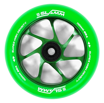 The Slamm Team 110mm Stunt Scooter Wheel in green features black bearings, six silver spokes, “Super High Density” and “110mm BBA” in white on the rim, and high-rebound PU for superior performance.