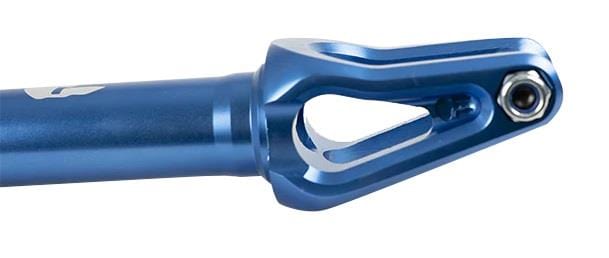 A close-up of the Supremacy Spartan SCS/HIC Stunt Scooter Forks in blue, crafted from high-grade aluminum with a sleek design, featuring an elongated opening and a bolt at one end, potentially part of a mechanical or automotive assembly.