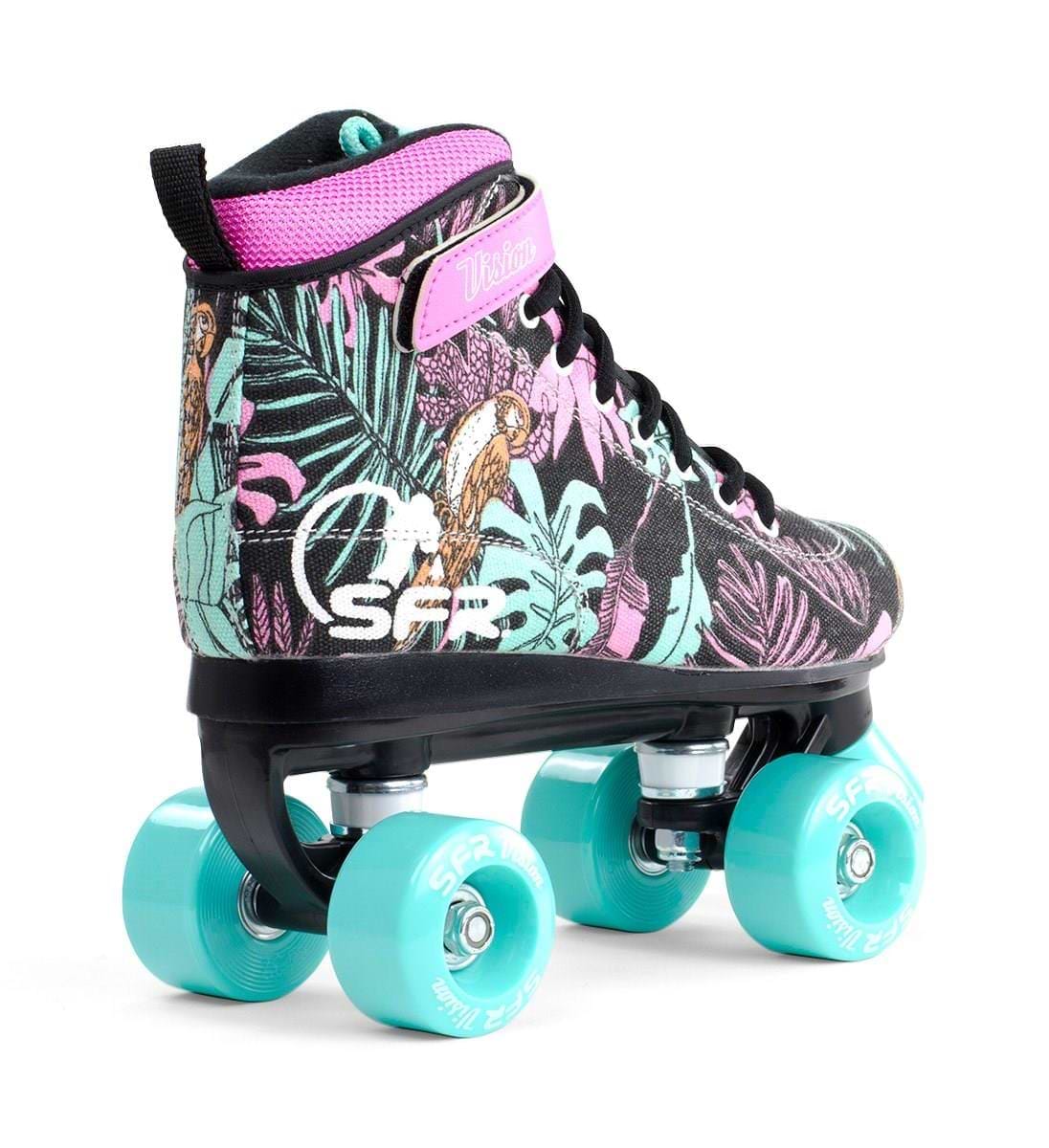 The SFR Vision Canvas Quad Roller Skates in Black/Floral feature turquoise wheels, a black sole, and an upper with tropical leaves, flowers, and a toucan. They provide excellent ankle support and display the "SFR" logo on the side.