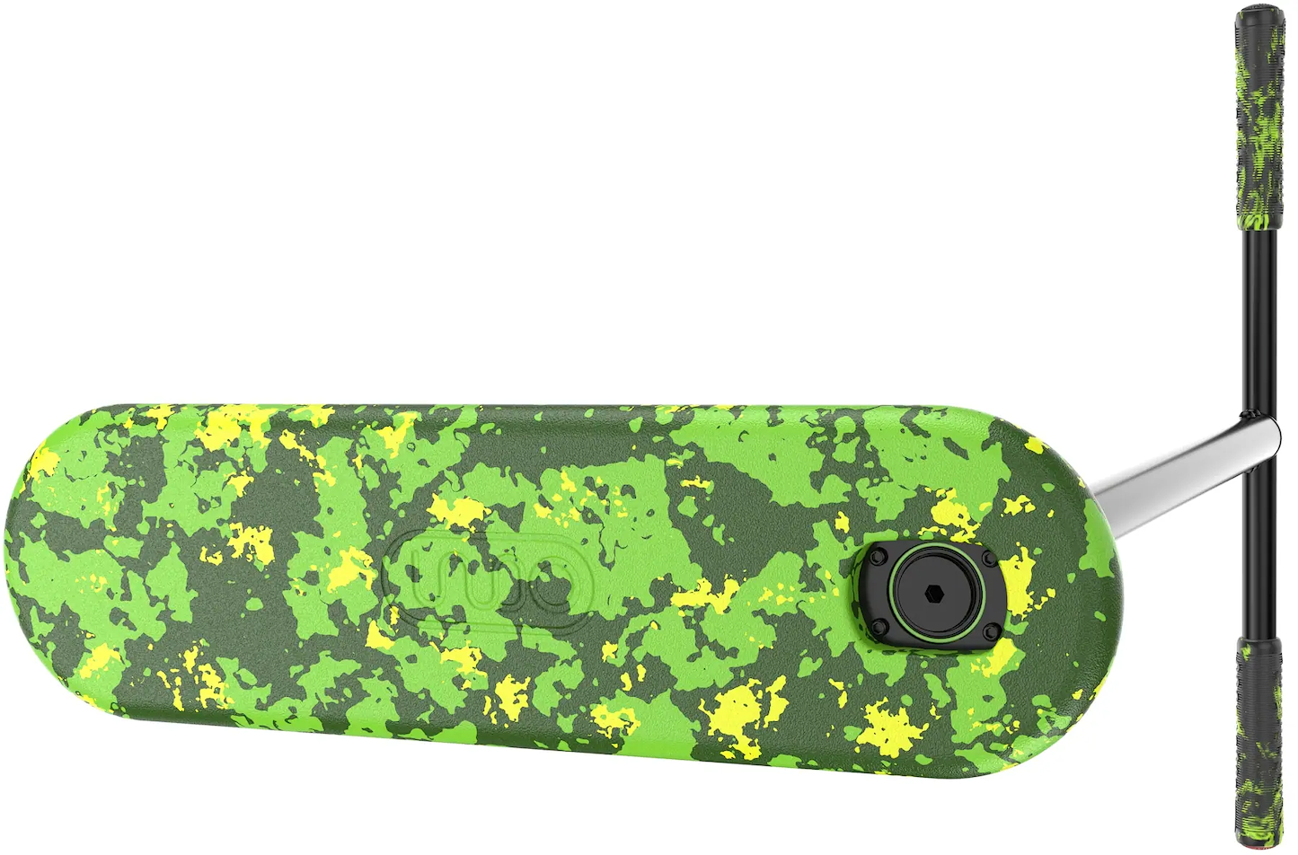 A close-up of the Indo Pro V2 Indoor Trampoline Stunt Scooter – Green Mamba by INDO, showing its green, yellow, and black camo deck and grips, visible wheel mount, and a faint cartoon graphic on the underside.