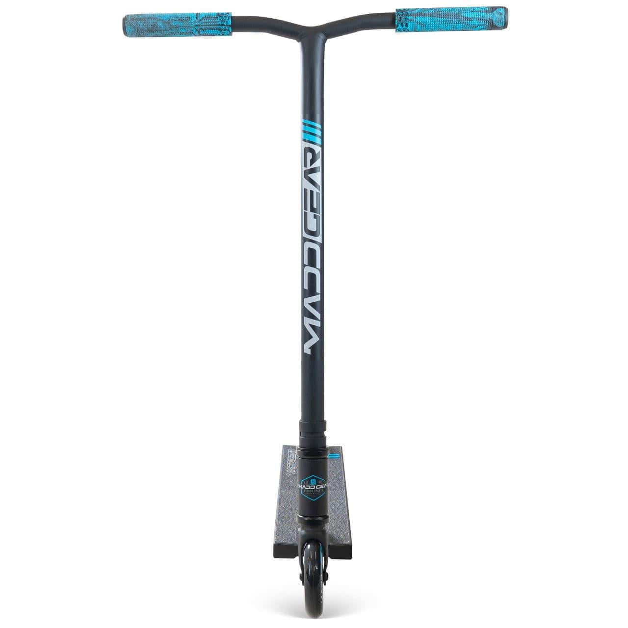 The Madd Gear MG 3 Zen Complete Stunt Scooter in black and blue is shown from the front, featuring a durable one-piece steel T-bar with blue grips, a sturdy deck, high-speed ABEC-7 Chrome bearings, and "Madd" vertically printed.