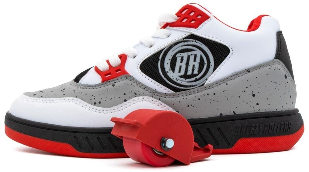 The Breezy Rollers Jumper Shoes by Breezy Rollers, in white, grey, and red, feature a patented heel wheel system for walking or rolling. Displayed on a white background.