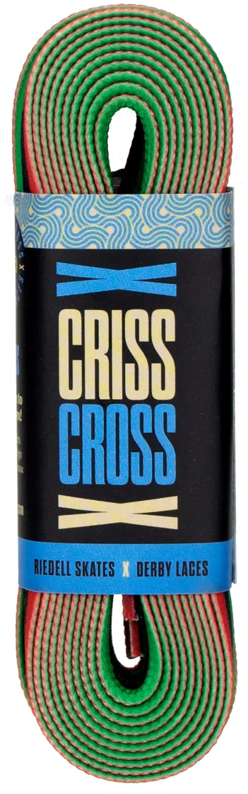 A package of Criss Cross X Derby Laces Quad Roller Skate Laces in black, green, and red by Criss Cross, featuring durable flat skate laces bundled with a branded label.