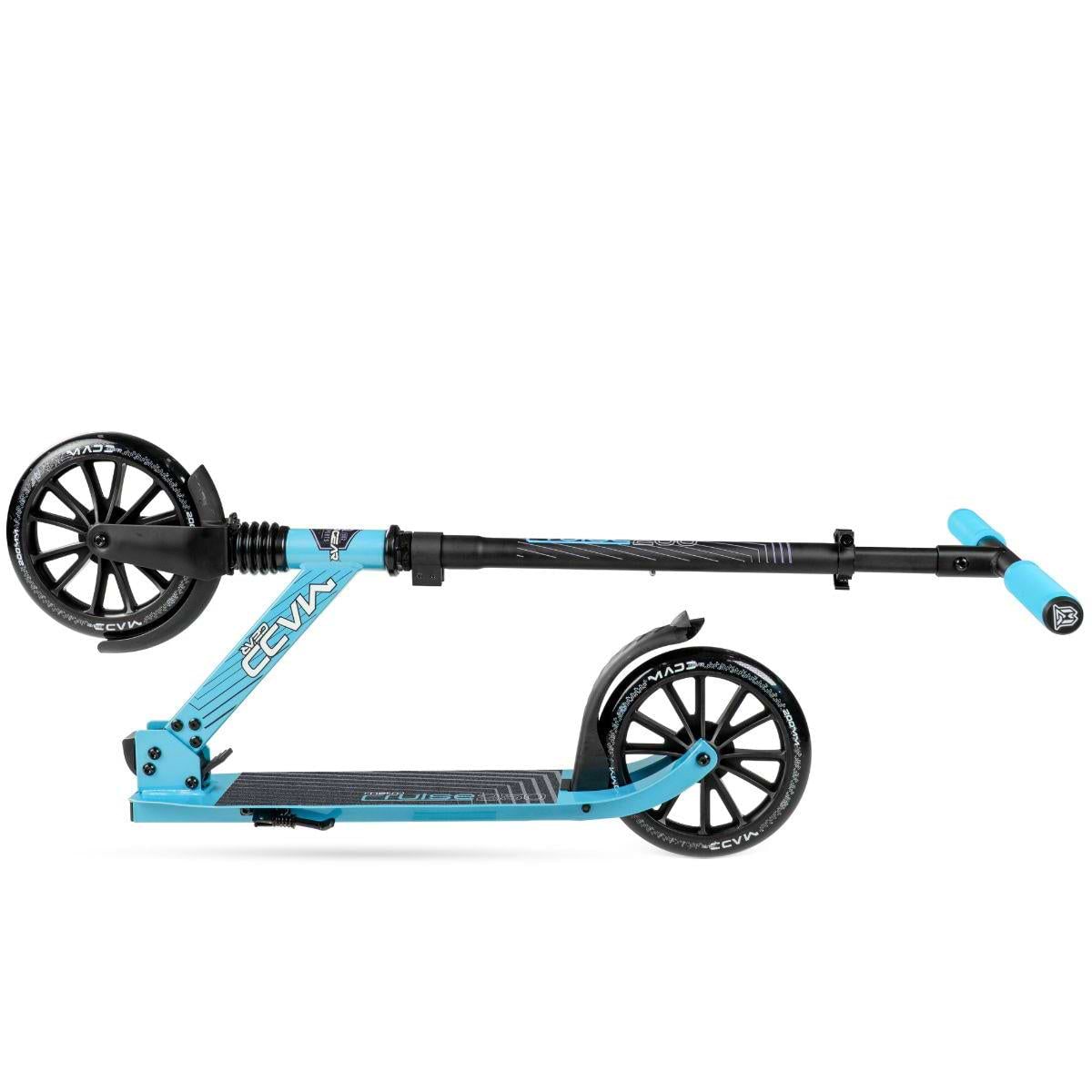 The Madd Gear Metro Cruise 250 Foldable Commuter Scooter in black and blue features large wheels and a compact folded design for easy carrying or storage—ideal for daily commuting.