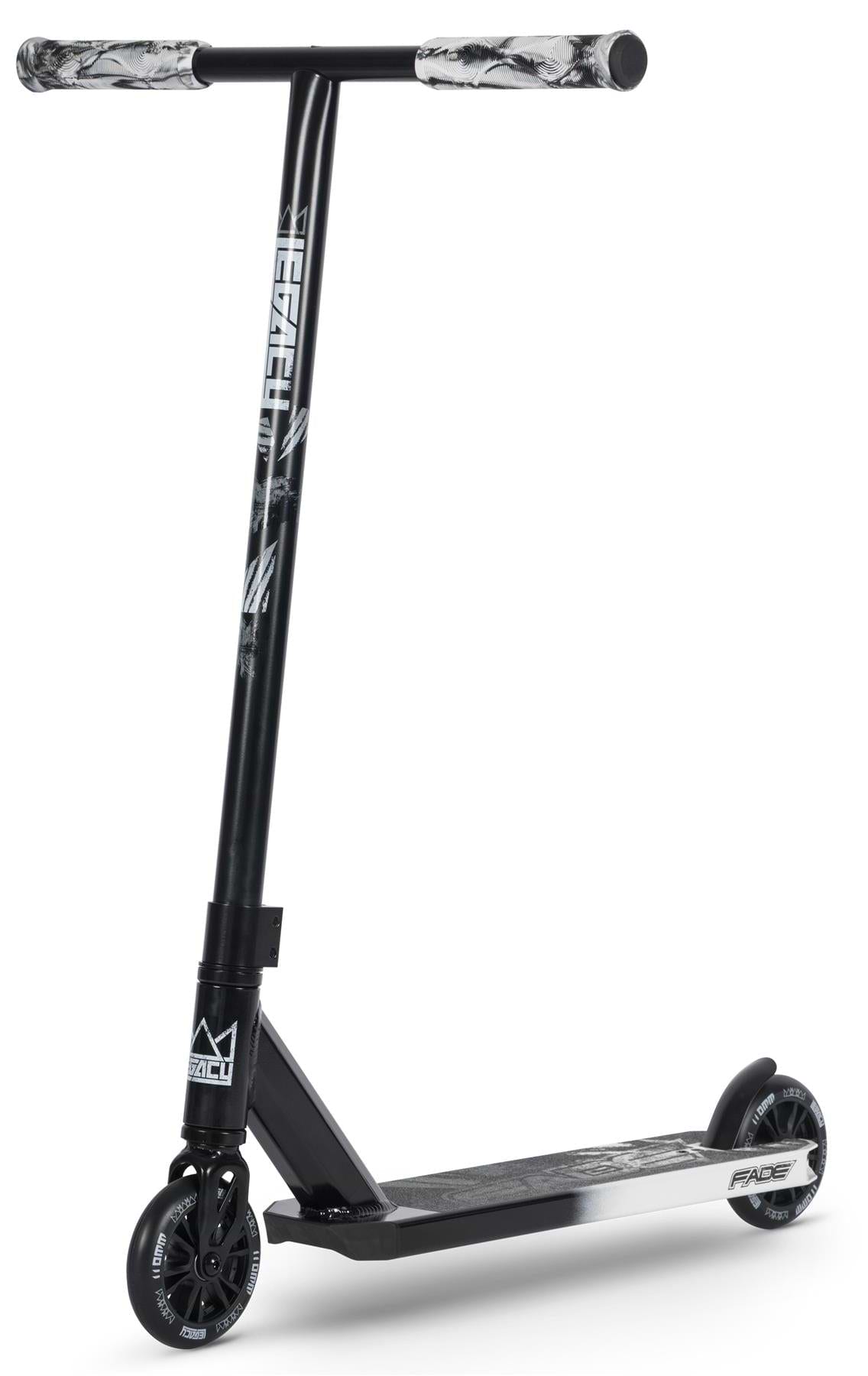 The Legacy Fade Complete Stunt Scooter by Legacy features a black and grey design with white graphics, wide patterned grips, small black wheels, and a flat "FAZE"-labeled deck—ideal for beginners at the skatepark. Photographed on a white background.