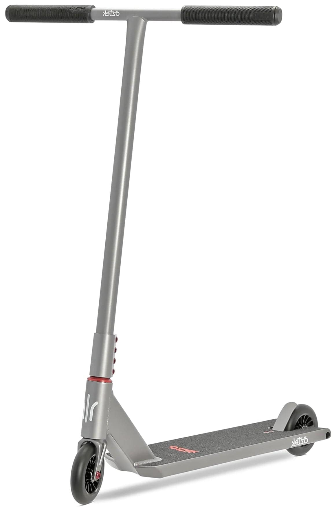 The Aztek Architect 2 Complete Stunt Scooter - Space Grey features black handlebars and wheels, a slim deck, and minimalist design, shown standing upright on a white background.