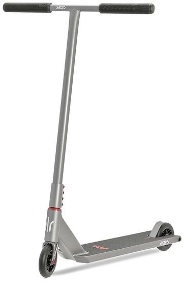 The Aztek Architect 2 Complete Stunt Scooter - Space Grey features black handlebars and wheels, a slim deck, and minimalist design, shown standing upright on a white background.