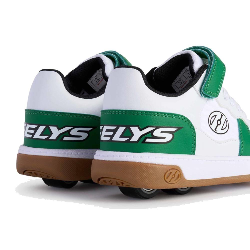 The Heelys Rezerve Low X2 Boys Shoes in White/Green/Gum feature a two-wheel design and Heelys branding on the side and heel, shown on a white background.