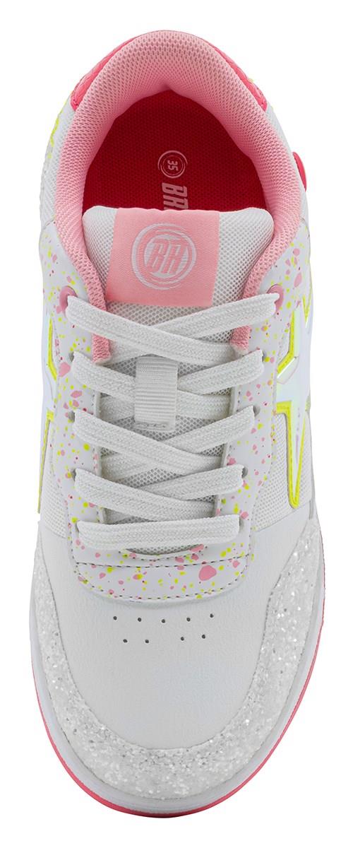 The Breezy Rollers Star Girls Shoes - Pink / Yellow by Breezy Rollers feature a white base with pink and yellow paint splatters, a yellow star outline, pink lining, glittery silver toe cap, white laces, and a patented wheel system for smooth rolling.