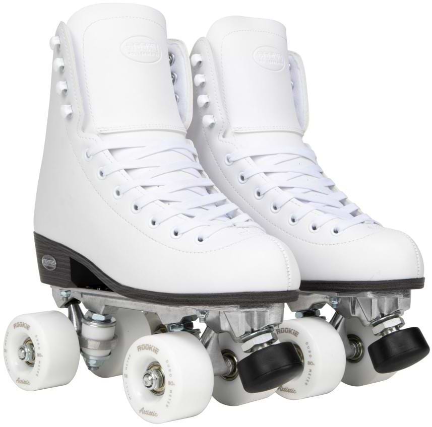 The Rookie Artistic Quad Roller Skates - White by Rookie feature vegan leather, white laces, metal trucks, and white wheels, displayed side by side on a clean white background.