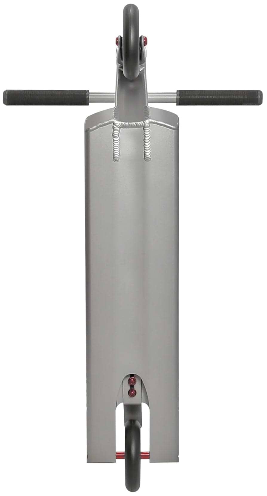 Top-down view of the Aztek Architect 2 Complete Stunt Scooter - Space Grey shows a silver deck with black grips and wheels, visible welds, and a minimalist rectangular street scooter design.