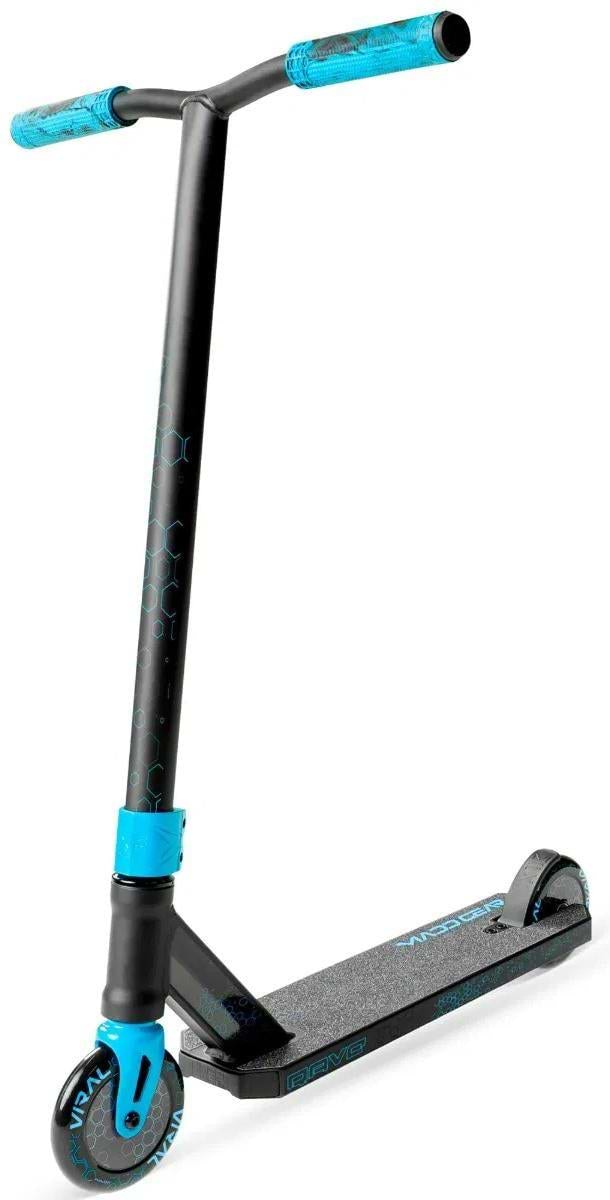 The Madd Gear (MGP) Viral Rave Complete Stunt Scooter - Velocity features a black and blue design with blue handlebar grips, blue wheel rims, and a textured black foot deck. Its sturdy, minimalist build is shown angled on a white background.