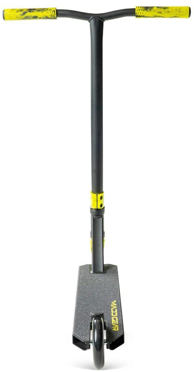 The Madd Gear Viral Rave Complete Stunt Scooter - Neon features a black frame with yellow handle grips and accents, plus a yellow "Vici" logo on the deck, making this kids’ stunt scooter both stylish and high-performing.