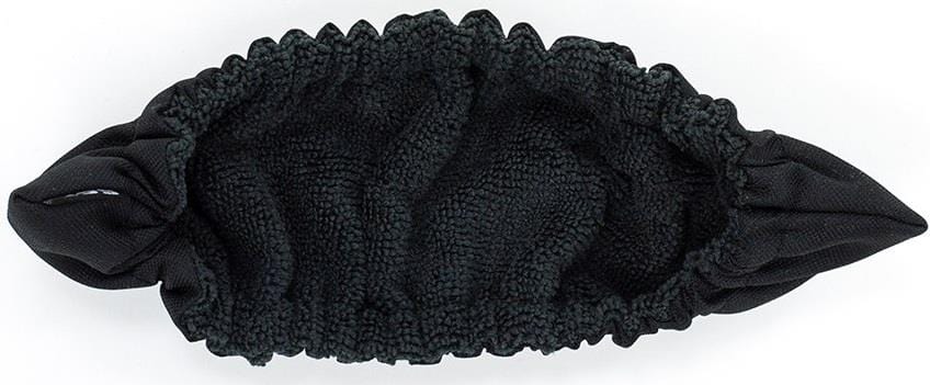 A black, textured, oval-shaped headband resembles an SFR Ice Skate Blade Soaker with elastic edges and knotted ends, laying flat on a white background.