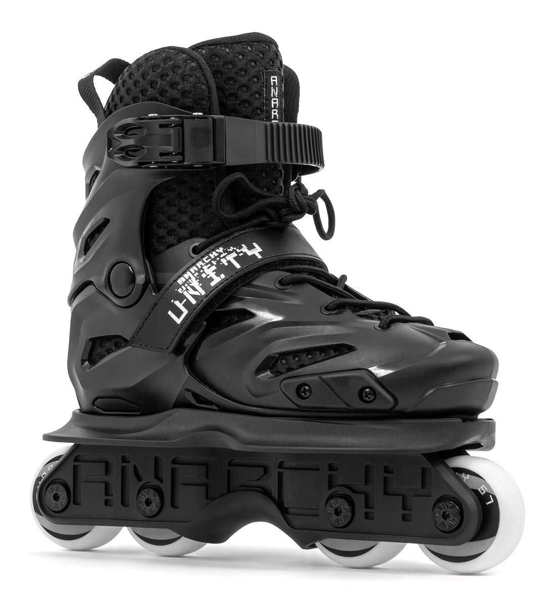 The Anarchy Unity Adjustable Aggressive Inline Skates in black feature four high rebound PU wheels, sturdy buckles, breathable mesh details, "ANARCHY" embossed on the base, and "UNITY" printed on the strap across the laces.