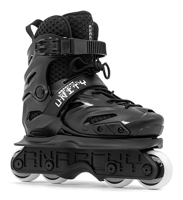 The Anarchy Unity Adjustable Aggressive Inline Skates in black feature four high rebound PU wheels, sturdy buckles, breathable mesh details, "ANARCHY" embossed on the base, and "UNITY" printed on the strap across the laces.