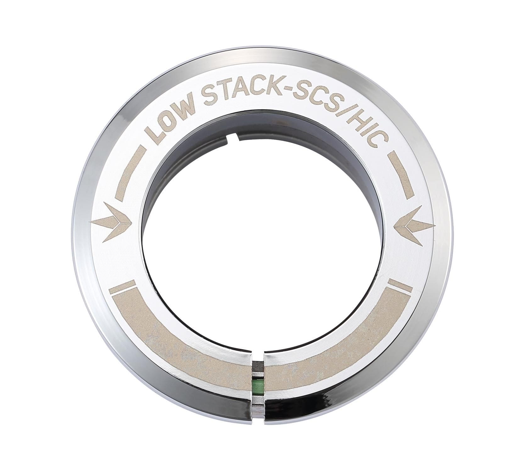 A sleek, chrome circular clamp from Blunt Envy, designed with a minimalist aesthetic, features engraved text reading "LOW STACK-SCS/HIC" along with decorative arrows. Ideal for the Blunt Envy Low Stack SCS Integrated Stunt Scooter Headset, it has a small opening on one side for easy attachment and perfectly complements its sealed bearings.