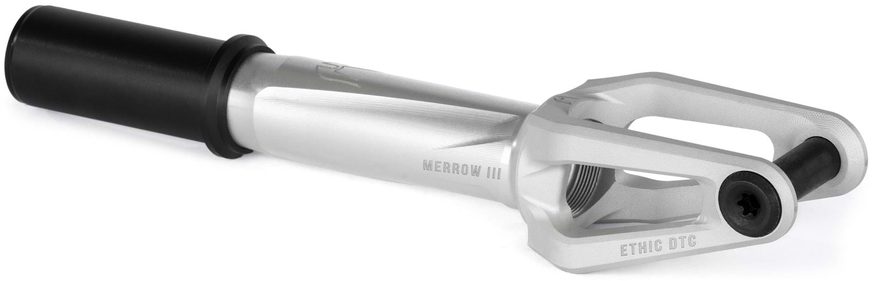 A raw Ethic DTC Merrow V3 8/12STD IHC stunt scooter fork by Ethic features a black cylindrical spacer and "MERROW III" and "ETHIC DTC" labels, designed for mounting 12STD scooter wheels.