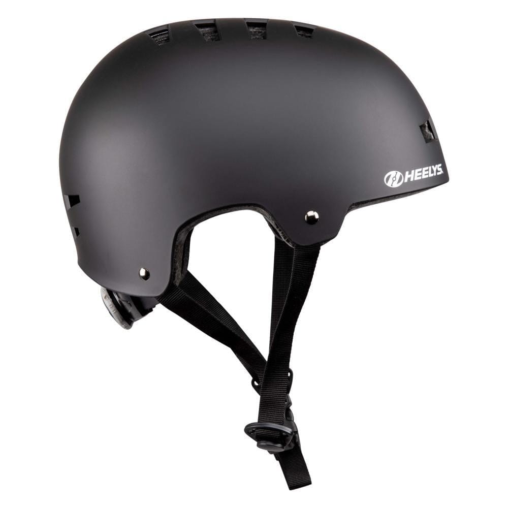 The Heelys F2 Skate Protection Helmet in black features ventilation holes, adjustable chin straps, and a white Heelys logo on the side—stylish protective gear for every adventure.