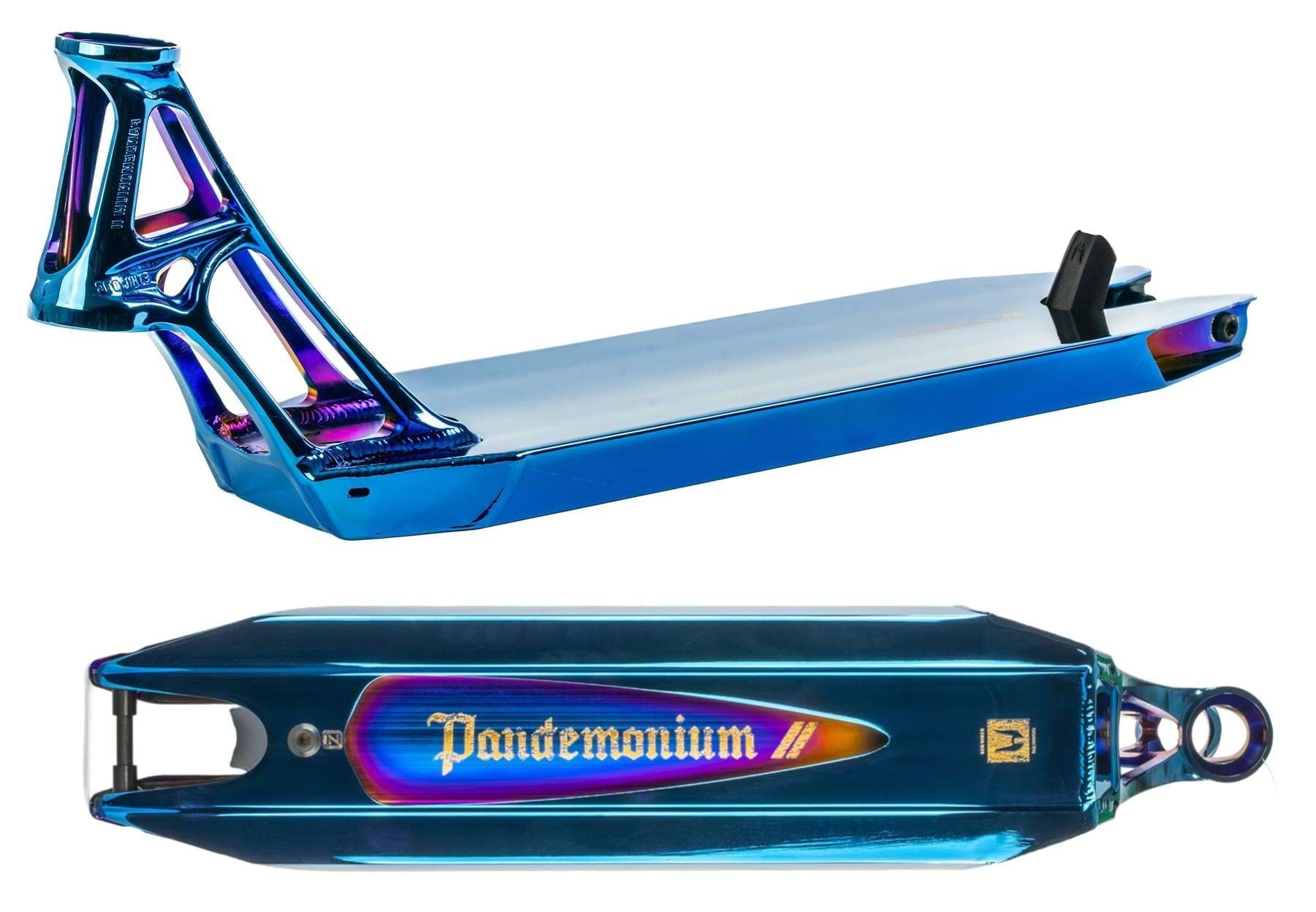 The Ethic DTC Pandemonium V2 Chrome Blue Stunt Scooter Deck, measuring 5.1" x 19.7", is presented from two angles in vibrant blue with an iridescent finish. Made from 6061-T6 aluminum, the top view prominently features the name "Pandemonium" in bold letters. Its distinctive metallic sheen reflects various colors, showcasing its status as the lightest scooter deck yet with an ultra-lightweight profile.