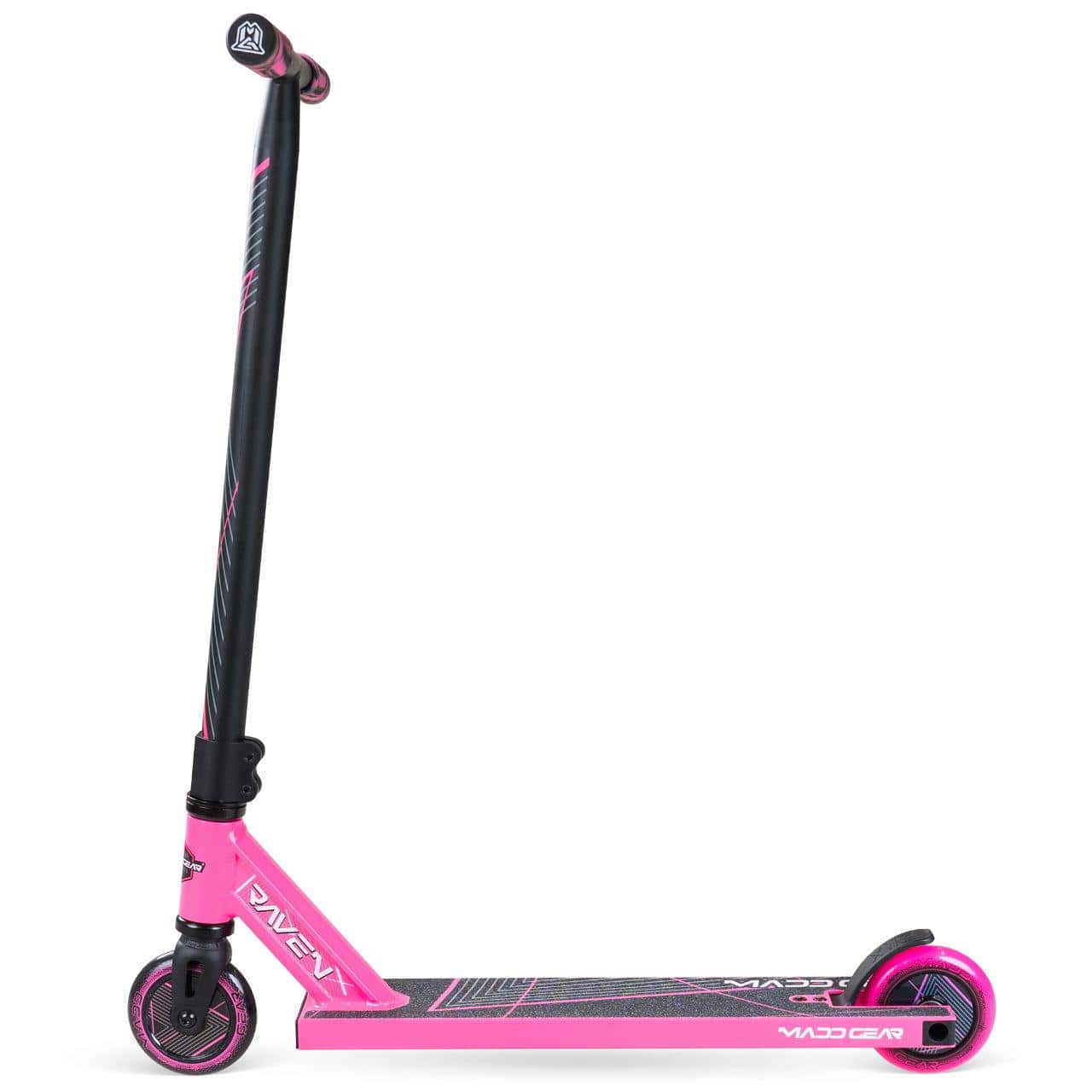 The Madd Gear MG 1 Raven Complete Stunt Scooter in pink and black features a durable aluminium deck, two small wheels, a tall handlebar, and the Madd Gear (MGP) brand on the textured deck for lightweight performance.