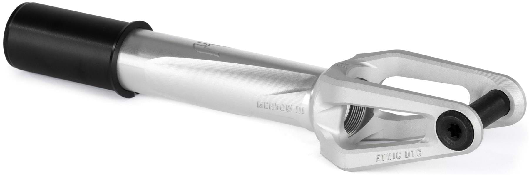 A raw Ethic DTC Merrow V3 8/12STD HIC Stunt Scooter Fork by Ethic, featuring a black axle bolt, black cylindrical top spacer, engraved text, and a sleek machined finish.