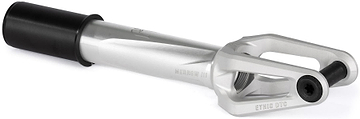 A raw Ethic DTC Merrow V3 8/12STD HIC Stunt Scooter Fork by Ethic, featuring a black axle bolt, black cylindrical top spacer, engraved text, and a sleek machined finish.