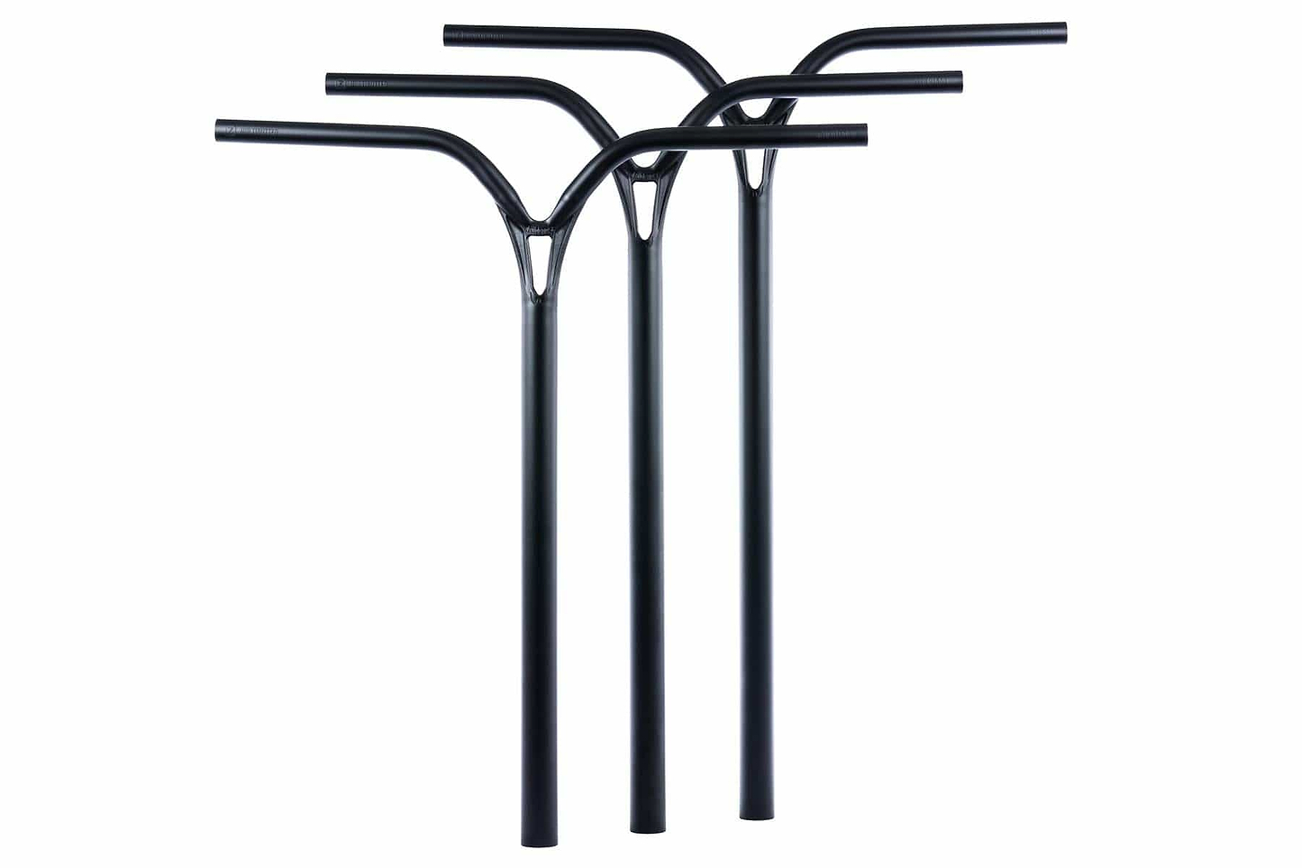 Three Ethic DTC Deildegast V2 Steel Oversized HIC Stunt Scooter Bars in black (670mm x 600mm) by Ethic, featuring a Y-shaped design, stand upright side by side against a white background.
