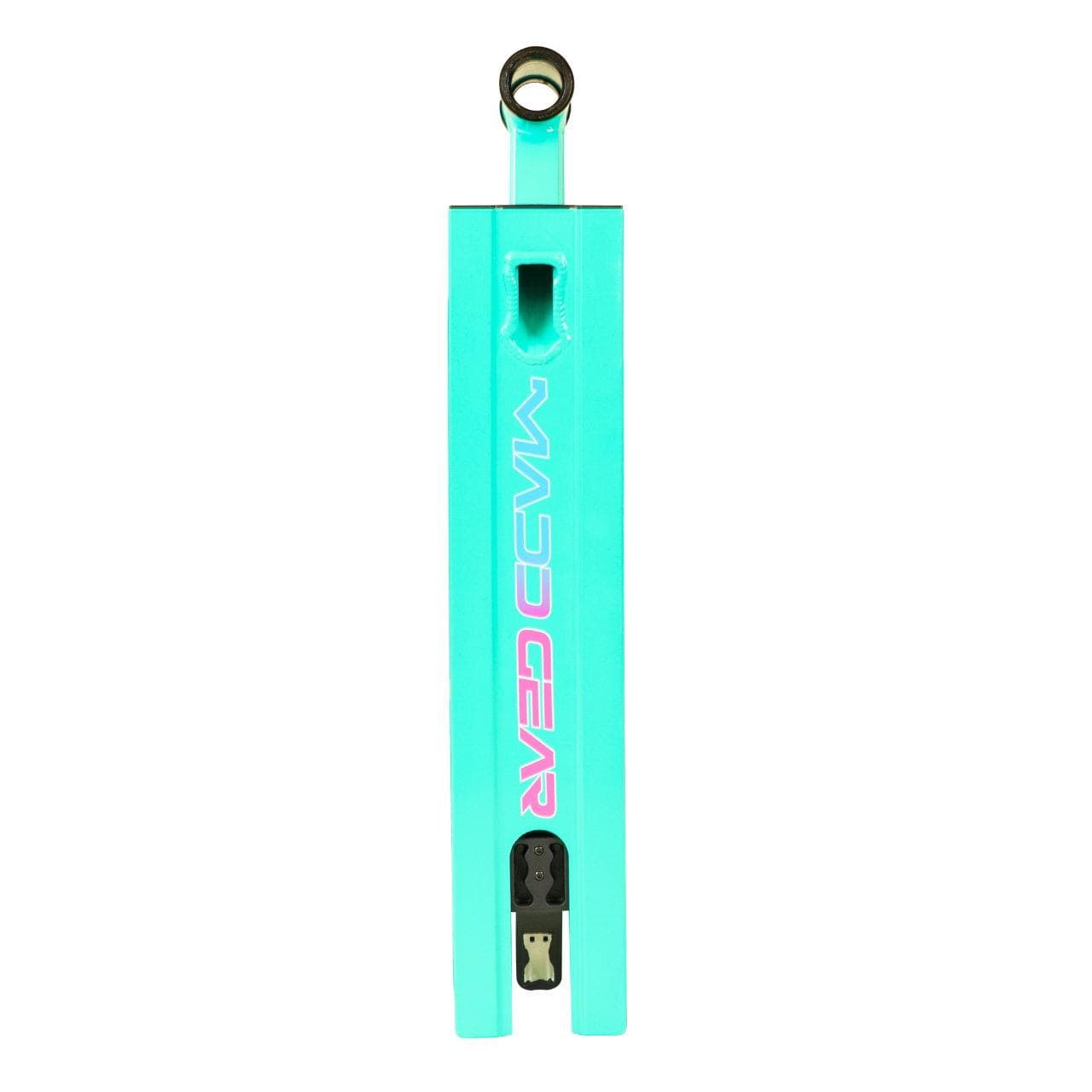 A turquoise Madd Gear MG 2 Obsidian Complete Stunt Scooter - Sugar Rush by MGP is shown from above, with “MAD GEAR” in white and pink on the side. The deck has rectangular edges and openings for wheel and brake attachments.
