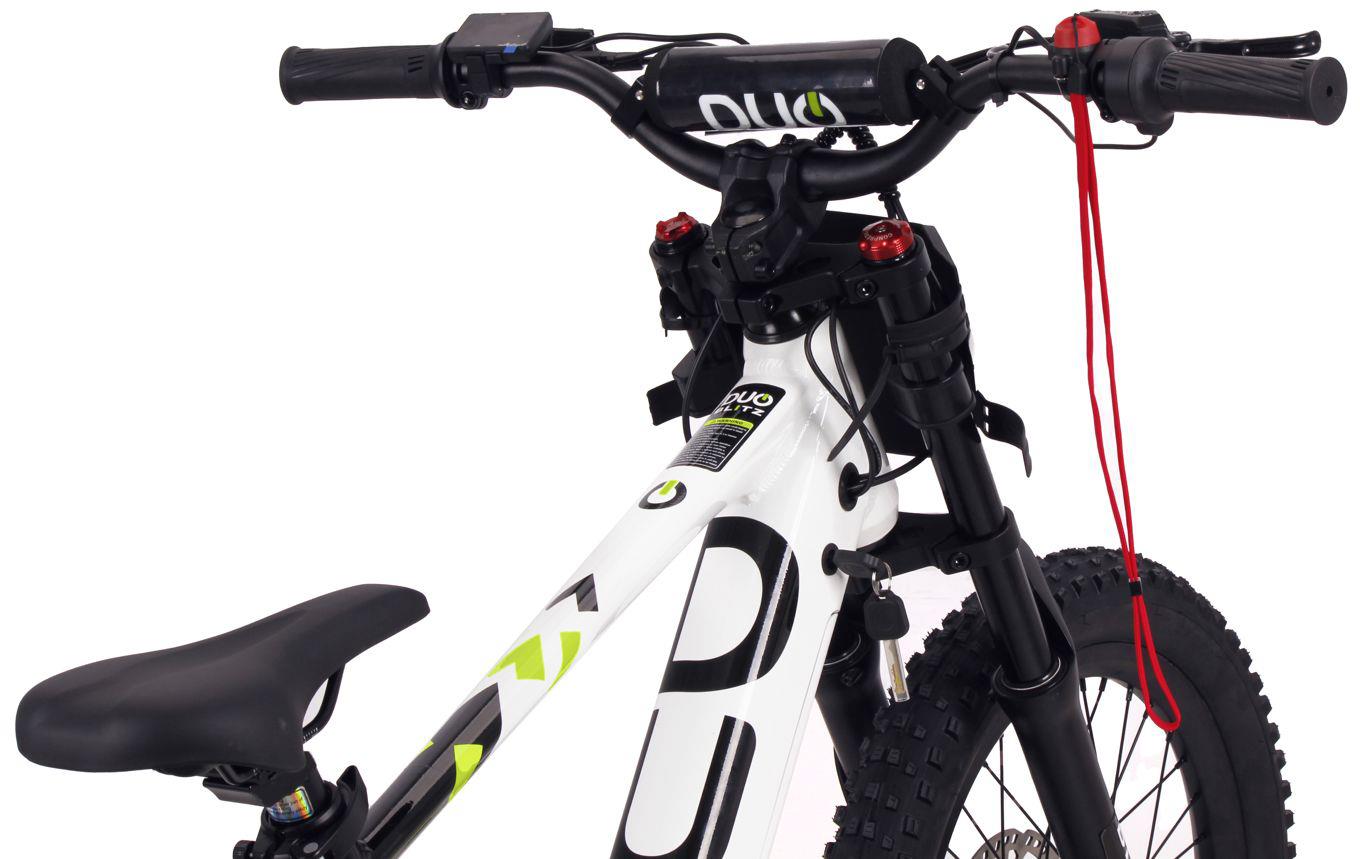 Close-up of the Duo 20" Blitz Kids Electric Balance Bike in White/Black, showing the handlebars with a red cable, front suspension fork, and parts of the seat and frame by Duo.