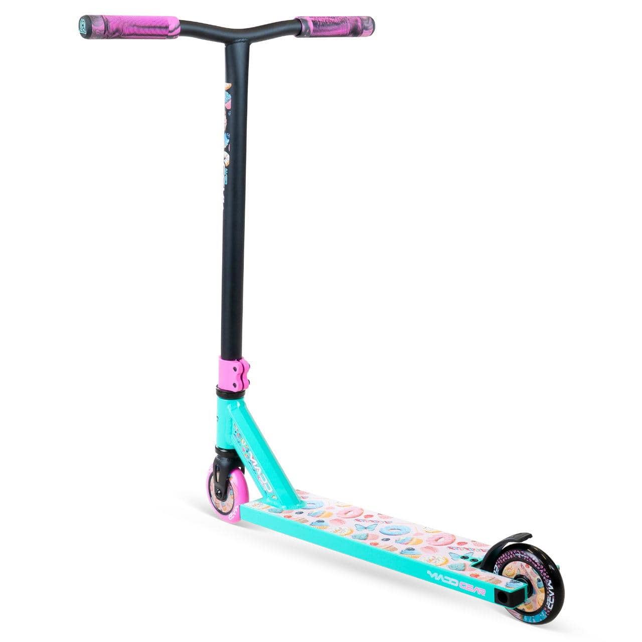 The Madd Gear MG 2 Obsidian Complete Stunt Scooter – Sugar Rush by MGP offers a vibrant deck, black handlebars with pink grips, and bold patterns—ideal for kids ages 5+ seeking standout style and top stunt performance.