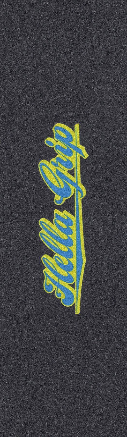 The Hella Grip Classic Stunt Scooter Griptape in blue and yellow features diagonally stylized "Hella Grip" text on a dark, premium silicone carbide grit surface.