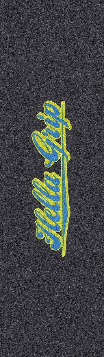 The Hella Grip Classic Stunt Scooter Griptape in blue and yellow features diagonally stylized "Hella Grip" text on a dark, premium silicone carbide grit surface.