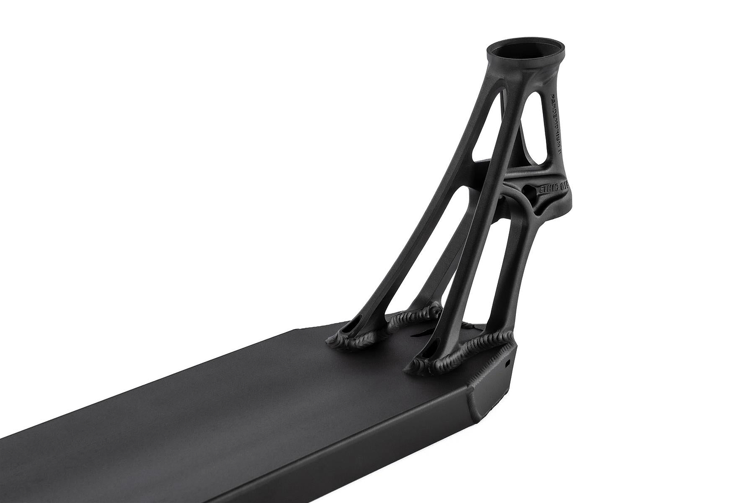 A black metal object, crafted from 6061-T6 aluminum, stands elegantly against a white background, evoking the sleek design and engineering of the Ethic DTC Pandemonium V2 Black Stunt Scooter Deck measuring 5.1" x 18.1".