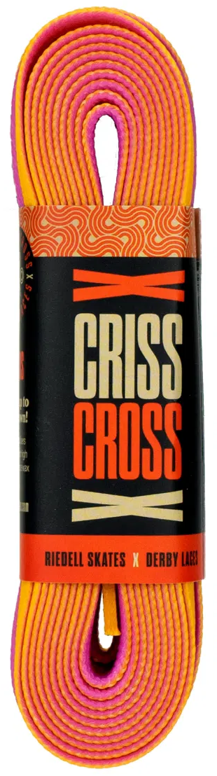 Criss Cross X Derby Laces Quad Roller Skate Laces in pink and yellow feature grip-enhancing wax and come with a black, red, and cream label reading "CRISS CROSS" and "Riedell Skates x Derby Laces." Perfect for stylish roller skaters.