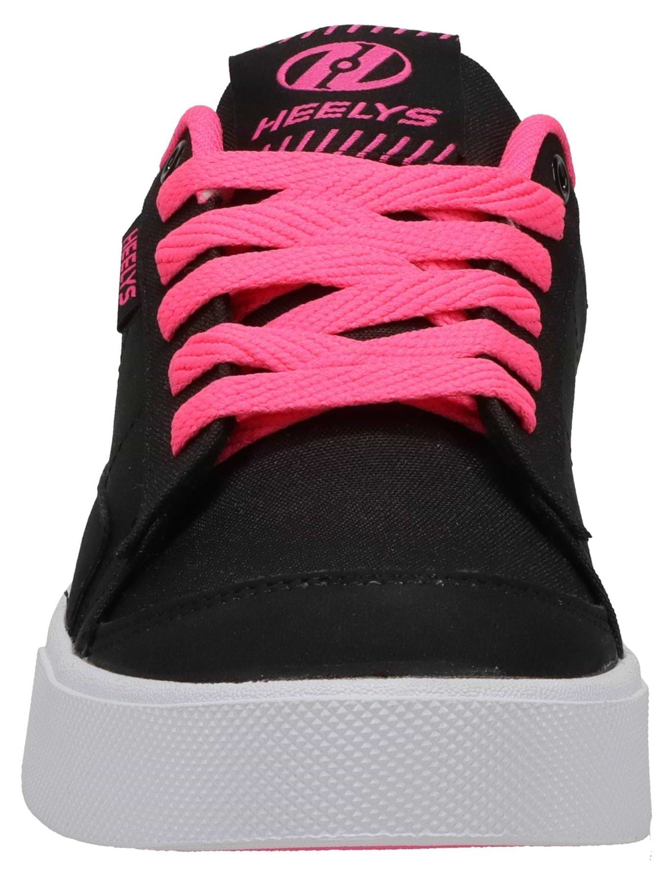 The Heelys Digilo Nylon Girls Shoes in black and pink feature bright pink laces, a white sole, low-profile wheels, and a bold pink Heelys logo on the tongue for classic style and smooth riding.