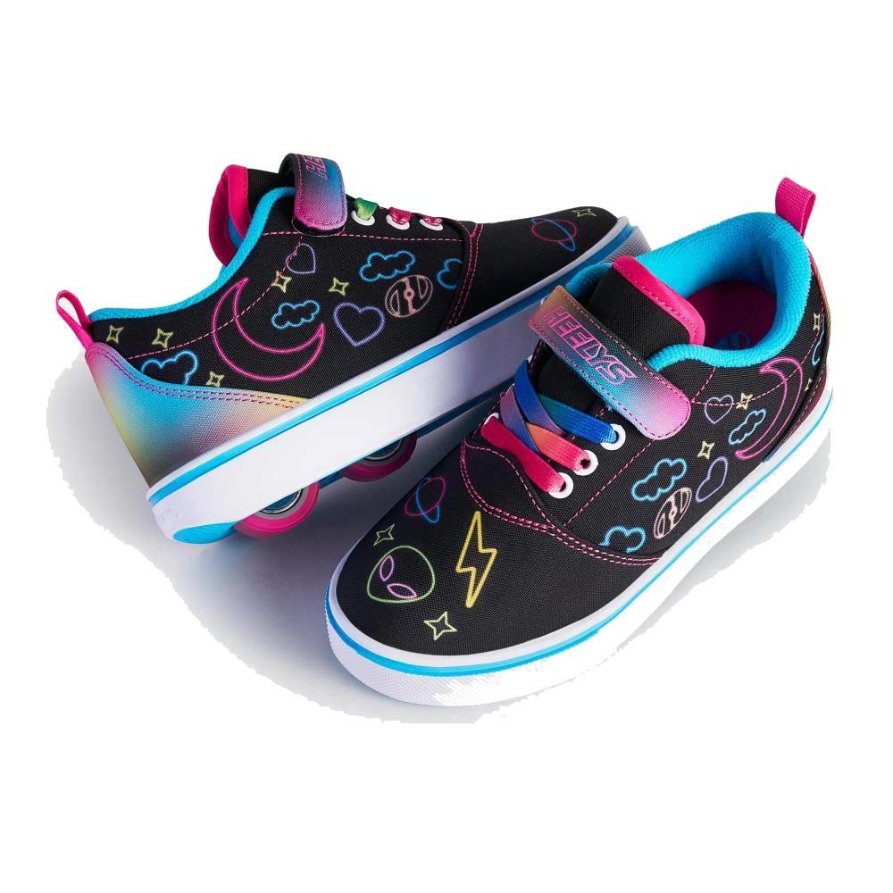 The Heelys Pro 20 Prints X2 Girls Shoes by Heelys feature black uppers with hot pink and multi-color accents, blue soles, and rainbow laces—stylish wheeled sneakers perfect for kids who love fun on the go.
