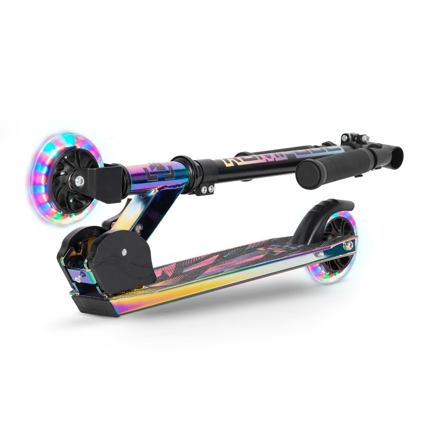 The Rampage Light Up Foldable Kick Scooter - Neochrome / Black features a shiny iridescent frame, LED wheels, and folds for easy carrying or storage.
