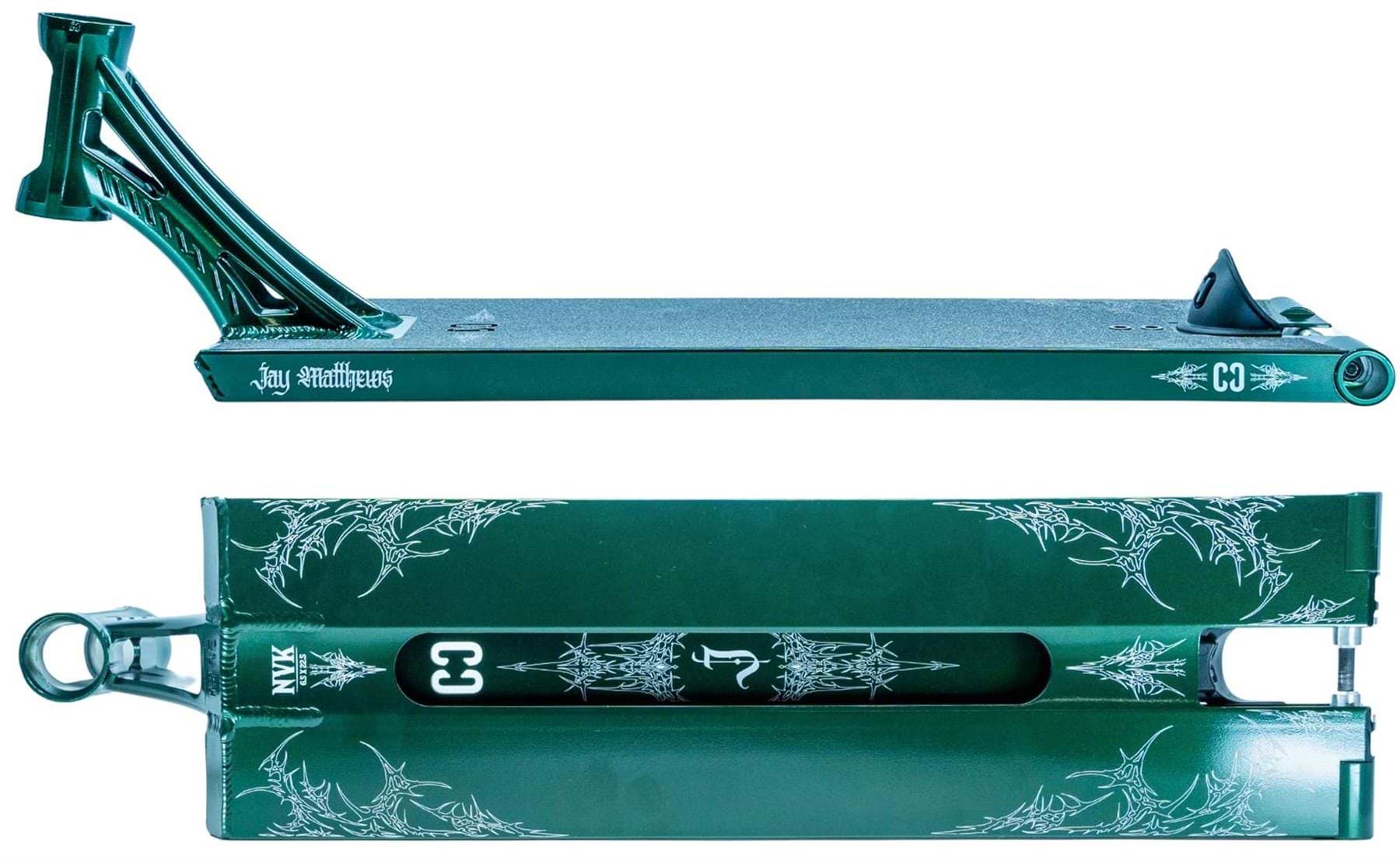 The CORE ST3 Forged Green J.Matthews Signature Street Stunt Scooter Deck (6.5" x 22.5") by CORE features a green, wide deck with white graphics, an angular open neck, center cutout on the bottom, and detailed decorative accents.