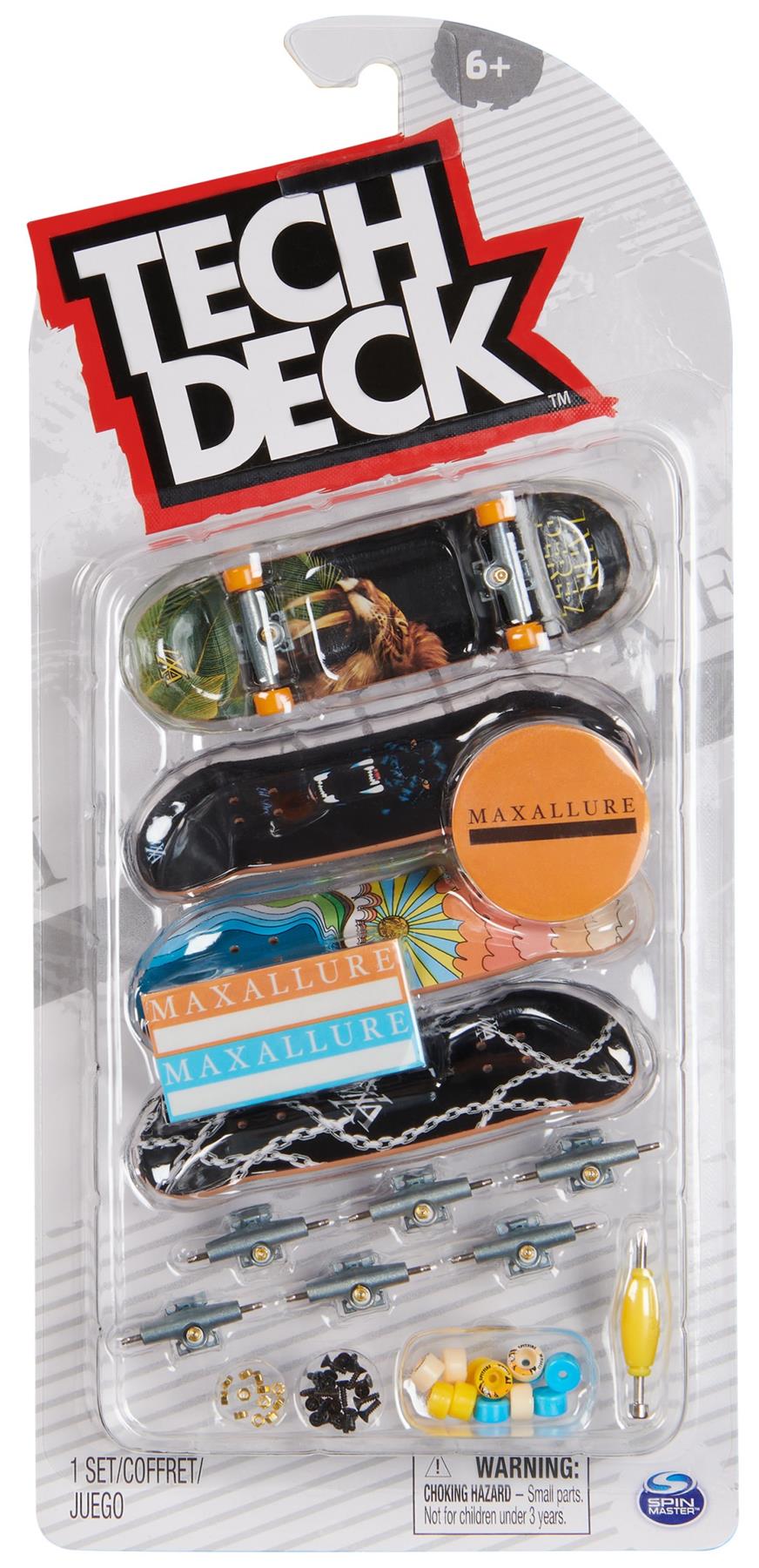 The Tech Deck M01 Deluxe 4 Pack Fingerboards - Maxallure includes four branded fingerboards, extra wheels, tools, nuts, bolts, and grip tape. Packaging shows age 6+ and a small parts choking hazard warning.